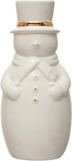 8-Inch Decorative White Stoneware Snowman Flower Vase With Gold Accents - Elegant Winter Christmas Mantel Table Desk Decoration - Neutral Party Festive Rustic Plant Holder Home Decor