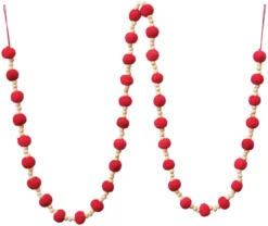 Rustic 6-Foot Red Wool Felt Ball Pom Pom Garland With Wood Bead Accents - Vintage Christmas Tree Decoration - Decorative Holiday Party Banner For Wall, Birthday, Kids Room Home Decor