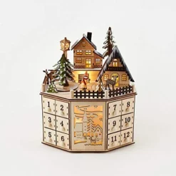 LED Lighted Wooden Bavarian Village Octagonal Advent Calendar - Christmas Decoration 24 Storage Drawers