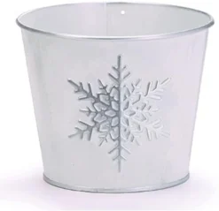 4-Inch Distressed White Tin Metal Plant Pot Cover W/Silver Embossed Snowflake – Indoor Outdoor Christmas Xmas Planter – Decorative Plant Flower Succulent Holder Winter Home Decor