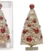 Set Of 3 White Sisal Bottle Brush Christmas Trees With Red Ornaments On Wood Bases - Small Pre Decorated Holiday Decor
