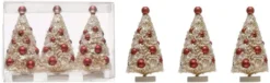Set Of 3 White Sisal Bottle Brush Christmas Trees With Red Ornaments On Wood Bases - Small Pre Decorated Holiday Decor