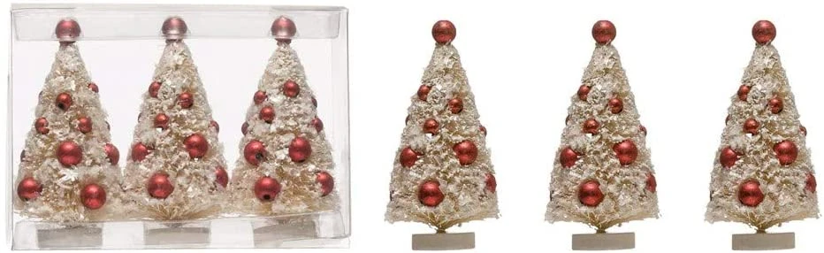 Set Of 3 White Sisal Bottle Brush Christmas Trees With Red Ornaments On Wood Bases - Small Pre Decorated Holiday Decor 1 Set Of 3 White Sisal Bottle Brush Christmas Trees With Red Ornaments On Wood Bases - Small Pre Decorated Holiday Decor