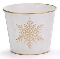 4-Inch Distressed White Tin Metal Plant Pot Cover W/Gold Embossed Snowflake – Indoor Outdoor Christmas Xmas Planter – Decorative Flower Succulent Holder Winter Home Decor
