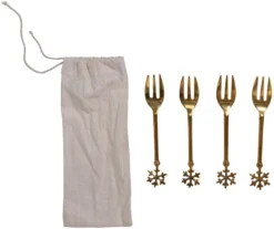 Set Of 4 Elegant 5.5-Inch Brass Gold Cocktail Forks With Snowflake Handle In Bag - Decorative Christmas Utensils For Dessert Salad Appetizers - Mini Festive Flatware Silverware