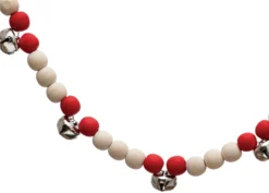 Vintage Matte Decorative Red And Cream White Rustic Wood Bead Garland With Silver Jingle Bell Accents, 6 Feet - Natural Country Boho Christmas Tree Decoration Party Or Home Decor