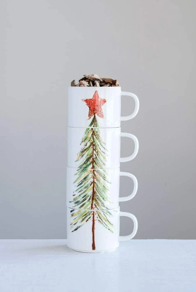 Set Of 4 Stacking Holiday Mugs With Christmas Tree And Words – Decorative Tableware Coffee Cups 3 Set Of 4 Stacking Holiday Mugs With Christmas Tree And Words – Decorative Tableware Coffee Cups - Image 3