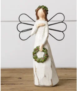 7-Inch Rustic Angel Figurine Holding Wreath With Carved Wood Look And White Glitter Finish - Christmas Table, Mantel, Office Desk Decoration - Country Farmhouse Religious Home Decor