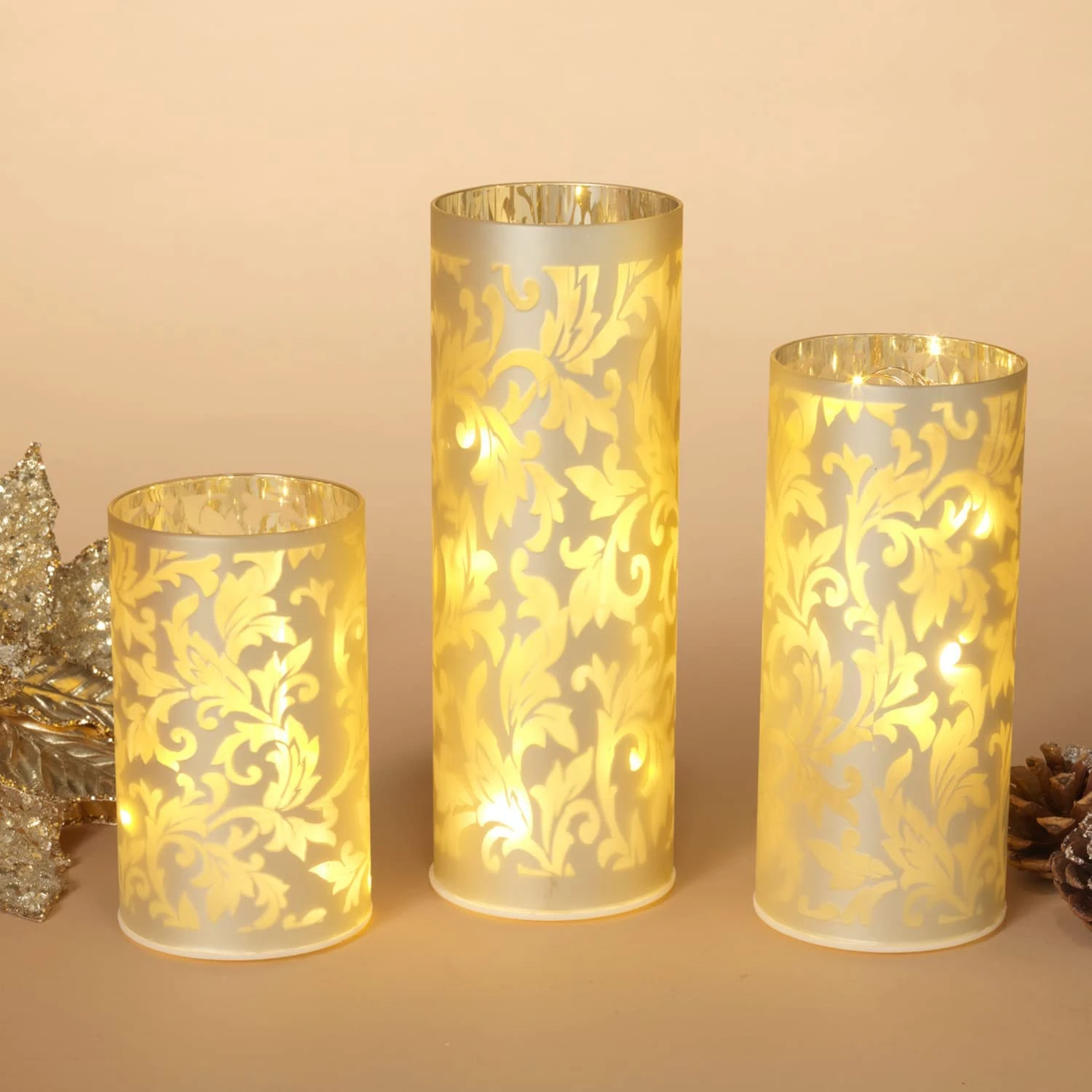 Elegant 10-Inch Set Of 3 Warm White Light Up Glass Holiday Luminaries W/Floral Damask Pattern – Decorative Flameless LED Candle Decoration – Christmas Winter Xmas Tabletop Home Decor 2 Elegant 10-Inch Set Of 3 Warm White Light Up Glass Holiday Luminaries W/Floral Damask Pattern – Decorative Flameless LED Candle Decoration – Christmas Winter Xmas Tabletop Home Decor - Image 2