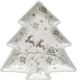9.5-Inch White, Silver And Gold Hand-Stamped Stoneware Christmas Tree Shaped Plate With Snowflake Pattern, Santa Sleigh, Reindeer Design - Decorative Party Dish Tray Tableware