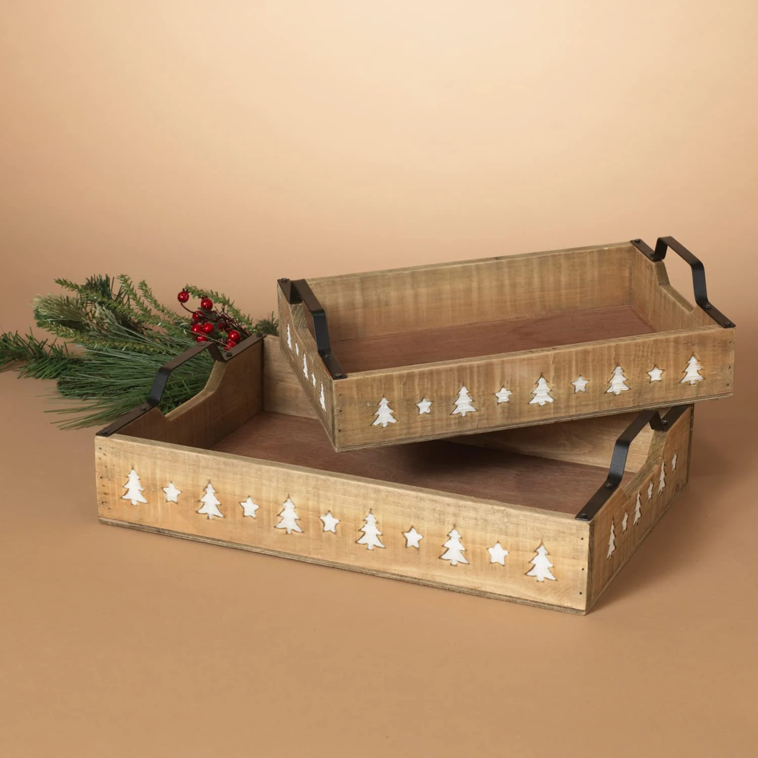 Set Of 2 16-inch Nested Wood Trays W/Metal Handles And Christmas Trees – Decorative Rustic Wooden Nesting Serving Storage Decoration – Xmas Dinner Party Serveware Kitchen Home Decor 2 Set Of 2 16-inch Nested Wood Trays W/Metal Handles And Christmas Trees – Decorative Rustic Wooden Nesting Serving Storage Decoration – Xmas Dinner Party Serveware Kitchen Home Decor - Image 2