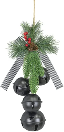 14-Inch Christmas Black Sleigh Bell Door Hanger Decoration With Plaid Ribbon, Artificial Pine And Berry Accent – Rustic Indoor Outdoor Decorative Xmas Country Farmhouse Home Decor