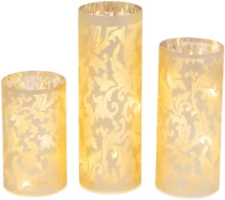Elegant 10-Inch Set Of 3 Warm White Light Up Glass Holiday Luminaries W/Floral Damask Pattern – Decorative Flameless LED Candle Decoration – Christmas Winter Xmas Tabletop Home Decor