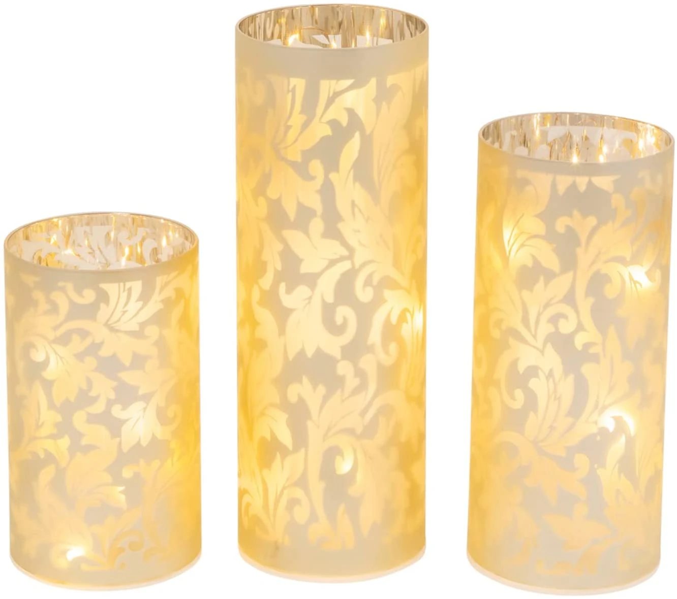 Elegant 10-Inch Set Of 3 Warm White Light Up Glass Holiday Luminaries W/Floral Damask Pattern – Decorative Flameless LED Candle Decoration – Christmas Winter Xmas Tabletop Home Decor 1 Elegant 10-Inch Set Of 3 Warm White Light Up Glass Holiday Luminaries W/Floral Damask Pattern – Decorative Flameless LED Candle Decoration – Christmas Winter Xmas Tabletop Home Decor