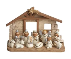 Medium Size White Kids Christmas Nativity Scene With Creche, Set Of 12 Figures