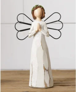 7-Inch Rustic Angel With Praying Hands With Carved Wood Look And White Glitter Finish - Christmas Table, Mantel, Office Desk Xmas Decoration - Country Farmhouse Religious Home Decor