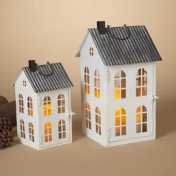 15-Inch Set Of 2 Decorative White Metal House Candle Holder Lanterns With Corrugated Roof - Tabletop Or Hanging Christmas Holiday Or Everyday Home Decor - Rustic Farmhouse Xmas Decoration