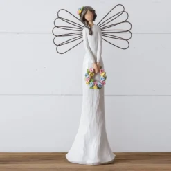 13-Inch Elegant White Angel Figurine Holding Floral Wreath W/ Carved Wood Look - Rustic Religious Decorative Christmas Tabletop Decoration - Farmhouse Spring Xmas Christian Home Decor
