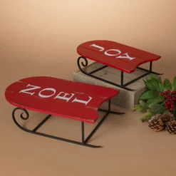 Set Of 2 Red Wood And Metal Decorative Christmas Sleigh Treat Stand Tables With “Noel” And “Joy” Sayings - Sled Cupcake Holder Decorations For Xmas Party Snacks, Cakes And Home Decor
