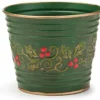 4-Inch Small Green Metal Tin Christmas Decorative Colorful Holly And Berry Indoor Outdoor Flower Plant Pot Cover - Planter Bucket Pail Container With Gold Trim Home Decor Decorations