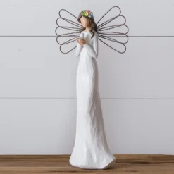 13-Inch Elegant White Angel Figurine Holding Dove W/ Floral Hairpiece, Carved Wood Look - Rustic Religious Decorative Christmas Tabletop Decoration - Farmhouse Spring Christian Home Decor