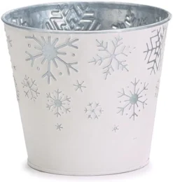 4-Inch White Tin Metal Plant Pot Cover W/Embossed Silver Snowflakes – Indoor Outdoor Christmas Xmas Planter Decoration – Small Decorative Elegant Flower Succulent Winter Home Decor