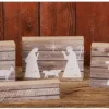 6 Piece Rustic Wood Block Nativity Set Manger Scene With White Silhouette Designs - Decorative Religious Christmas Rearrangeable Tabletop Signs - Country Farmhouse Christian Home Decor