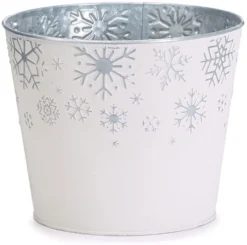 6-Inch Embossed White Tin Metal Plant Pot Cover W/Silver Snowflakes – Indoor Outdoor Christmas Xmas Planter Decoration – Decorative Elegant Flower Succulent Holder Winter Home Decor