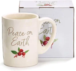 White Cream Ceramic Peace On Earth Festive Christmas Xmas Coffee Tea Hot Chocolate Cocoa Decorative Mug With Holly And Berry Accent - Cute Reusable Cup Winter Drinkware Tableware