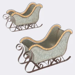 Rustic 15-inch Set Of 2 Galvanized Metal Silver Christmas Tabletop Sleighs W/Bead Accents – Decorative Santa Table Mantel Shelf Container Decoration – Festive Winter Xmas Home Decor