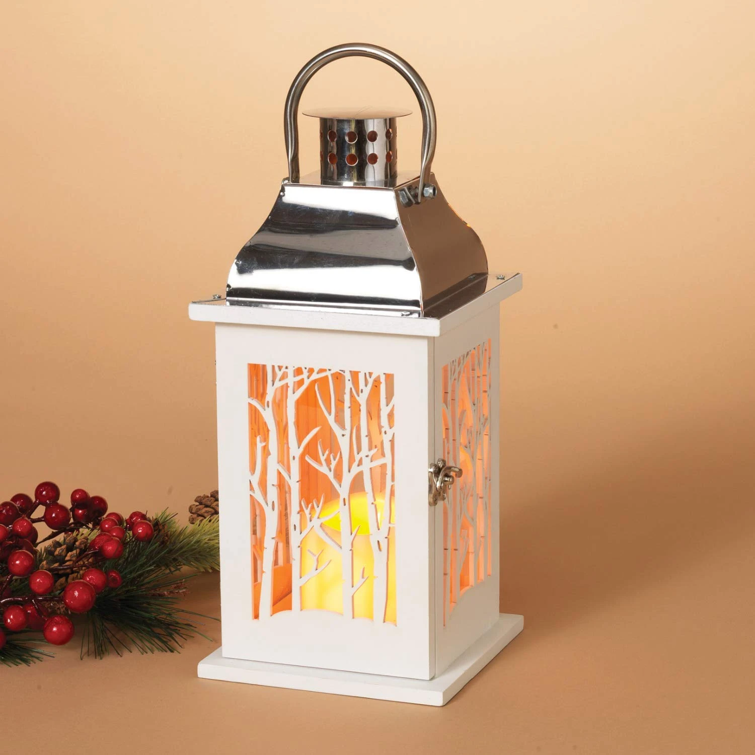 White Christmas Lantern With Winter Woods Scene And LED Candle With Timer - Tabletop Holiday Decoration 1 White Christmas Lantern With Winter Woods Scene And LED Candle With Timer - Tabletop Holiday Decoration