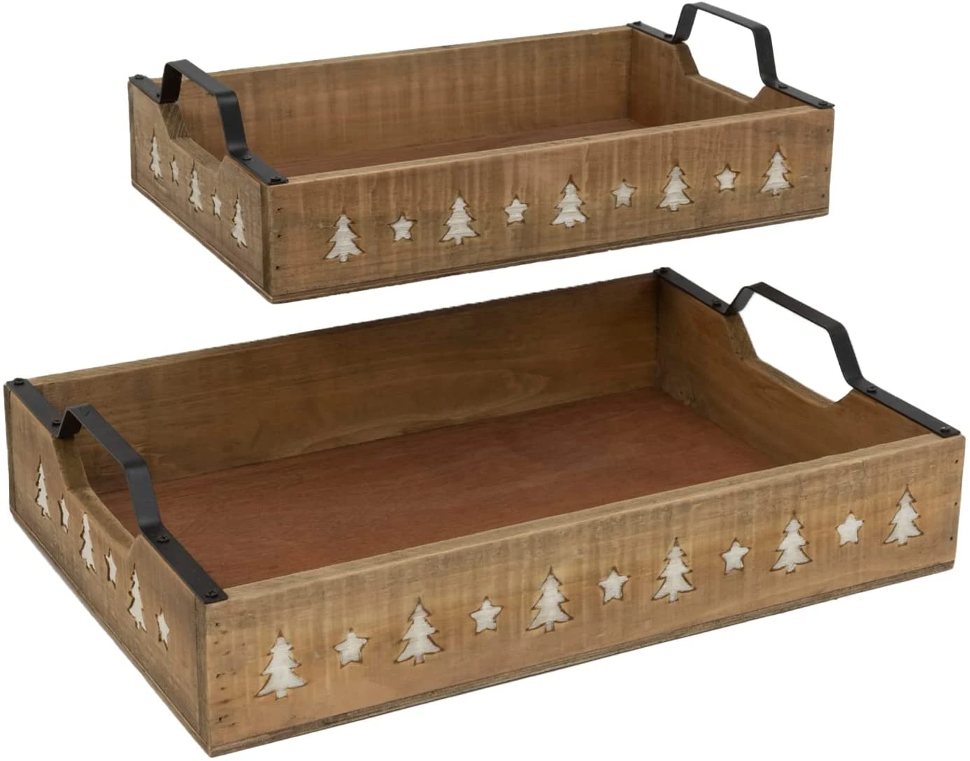 Set Of 2 16-inch Nested Wood Trays W/Metal Handles And Christmas Trees – Decorative Rustic Wooden Nesting Serving Storage Decoration – Xmas Dinner Party Serveware Kitchen Home Decor 1 Set Of 2 16-inch Nested Wood Trays W/Metal Handles And Christmas Trees – Decorative Rustic Wooden Nesting Serving Storage Decoration – Xmas Dinner Party Serveware Kitchen Home Decor