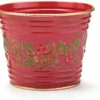 4-Inch Small Red Metal Tin Christmas Decorative Colorful Holly And Berry Indoor Outdoor Flower Plant Pot Cover - Planter Bucket Pail Container With Gold Trim Home Decor Decorations