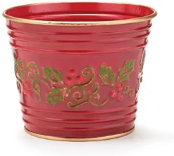4-Inch Small Red Metal Tin Christmas Decorative Colorful Holly And Berry Indoor Outdoor Flower Plant Pot Cover - Planter Bucket Pail Container With Gold Trim Home Decor Decorations