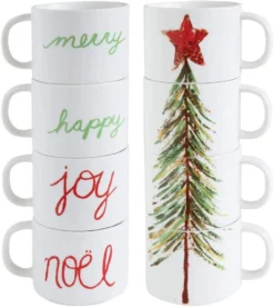 Set Of 4 Stacking Holiday Mugs With Christmas Tree And Words – Decorative Tableware Coffee Cups