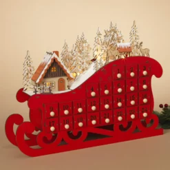 LED Lighted Red Wooden Bavarian Sleigh Advent Calendar - Christmas Countdown Decoration With 24 Storage Drawers