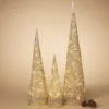 Lighted Set Of 3 Gold Glitter Cone Christmas Trees - Light Up Holiday Decoration