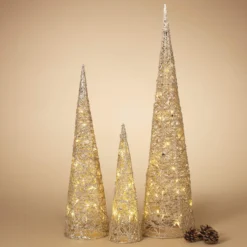 Lighted Set Of 3 Gold Glitter Cone Christmas Trees - Light Up Holiday Decoration