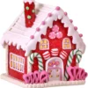 5-Inch LED Light Up Red Faux Gingerbread House Tabletop Decoration W/Timer, Candy Glitter, Frosting Accents – Lighted Decorative Christmas Party Winter Home Decor