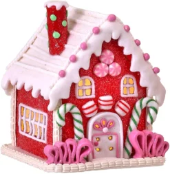 5-Inch LED Light Up Red Faux Gingerbread House Tabletop Decoration W/Timer, Candy Glitter, Frosting Accents – Lighted Decorative Christmas Party Winter Home Decor