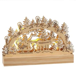 Lighted LED Small Wooden Santa In Sleigh Holiday Scene Tabletop Christmas Decoration