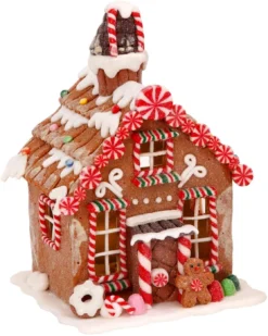 7-Inch Light Up Faux Gingerbread Cottage House W/Peppermint Candy Accents - LED Lighted Xmas Home Decor Figurine - Christmas Village Decoration For Mantel, Tabletop, Desk