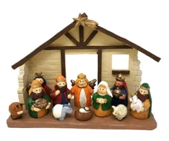 Medium Size Kids Christmas Nativity Scene With Creche, Set Of 12 Figures