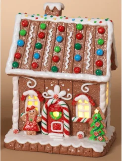7.5-Inch Light Up LED Christmas Faux Gingerbread House Figurine With Woman And Candy Accents – Prebuilt Lighted Village Decoration – Xmas Tabletop Home Decor