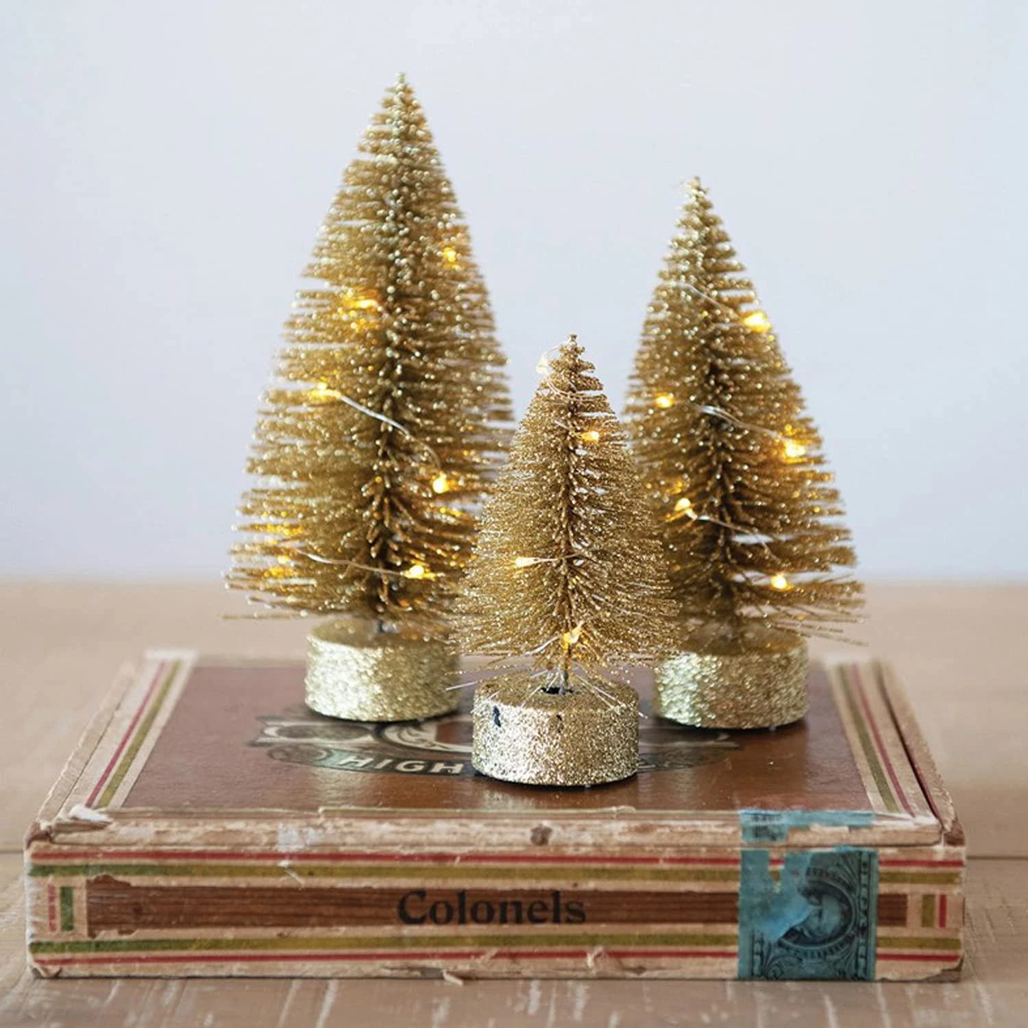 Set Of 3 LED Light Up Decorative Gold Bottle Brush Christmas Trees 4-Inch, 5-Inch, And 6-Inch With Glitter Finish - Elegant Table Desk Mantel Decoration - Small Party Home Decor 2 Set Of 3 LED Light Up Decorative Gold Bottle Brush Christmas Trees 4-Inch, 5-Inch, And 6-Inch With Glitter Finish - Elegant Table Desk Mantel Decoration - Small Party Home Decor - Image 2
