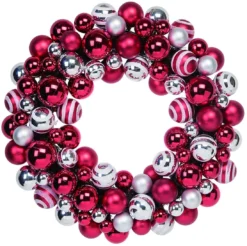 Orchid & Ivy 18-Inch Modern Red And Silver Ball Ornament Christmas Wreath – Hanging Holiday Front Door Decoration – Indoor Outdoor Winter Home Decor