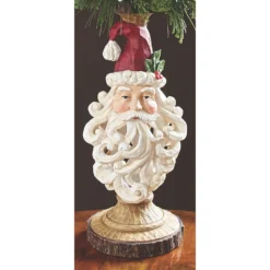 Carved Wooden Candle Holder With Traditional Santa Head Christmas Decoration