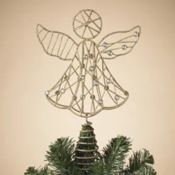 Elegant 13-Inch Gold Glitter Metal Angel Christmas Tree Topper W/ Gem Accents – Decorative Golden Metallic Treetop Decoration – Beautiful Small Simple Festive Xmas Winter Home Decor