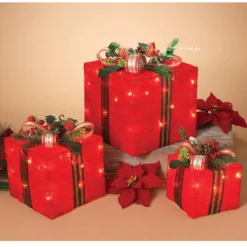 Set Of 3 Lighted Holiday Red Sisal Gift Boxes - Tabletop Christmas Decoration