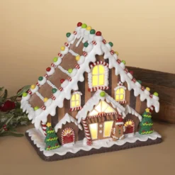 9.5-Inch Light Up Faux Gingerbread Cottage House W/Candy And Tree Accents - LED Lighted Xmas Home Decor Figurine - Christmas Village Decoration For Mantel, Tabletop, Desk